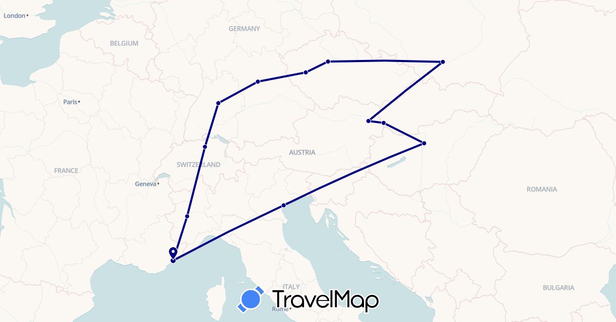 TravelMap itinerary: driving in Austria, Switzerland, Czech Republic, Germany, France, Hungary, Italy, Poland, Slovakia (Europe)